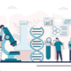 Team of pharmacists conducts drug research. Male character with magnifying glass examines dna. Group of scientists working in medical laboratory. Medicine, pharmaceutics concept.