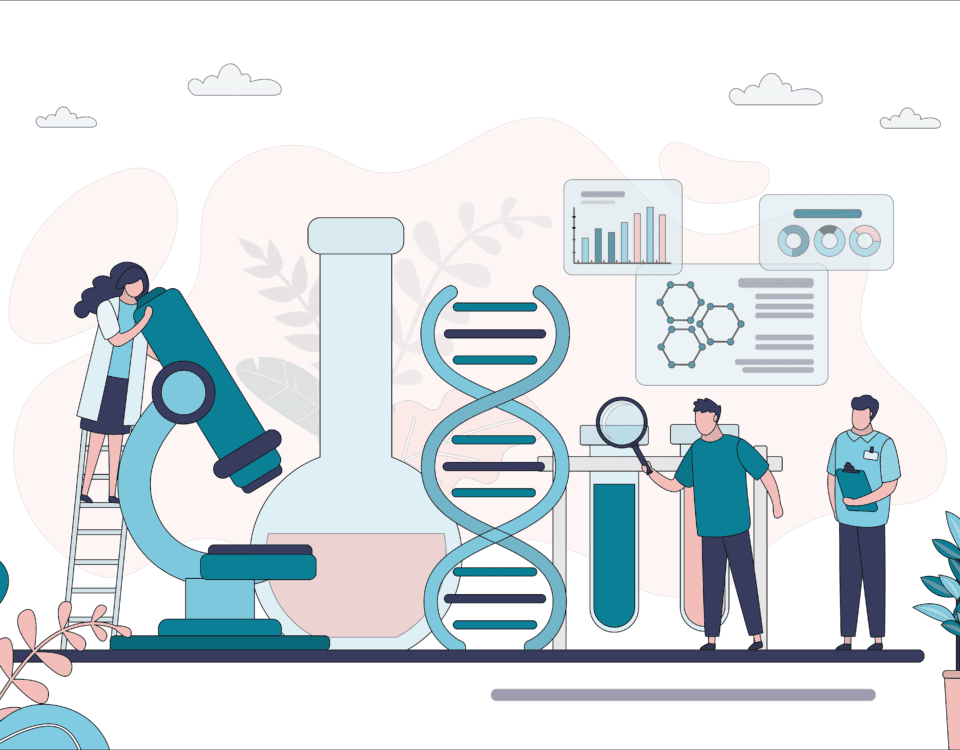 Team of pharmacists conducts drug research. Male character with magnifying glass examines dna. Group of scientists working in medical laboratory. Medicine, pharmaceutics concept.